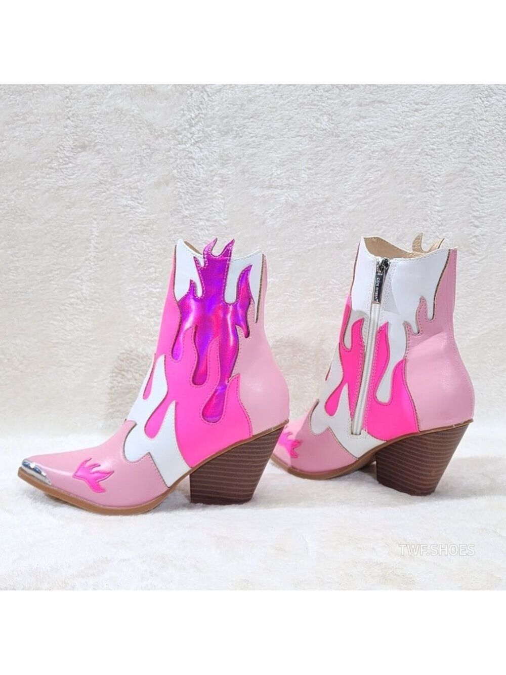 Western Flame Cowgirl Ankle Boots Pink Fire Color Block Country Rock